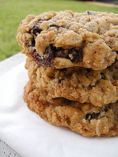 three oatmeal cookies stacked on top of each other