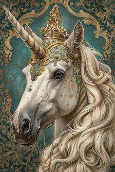 a painting of a white unicorn wearing a gold crown