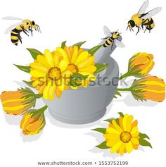 three bees are flying around the watering can with yellow flowers