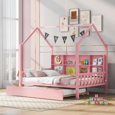 PRICES MAY VARY. 【Trendy Full House Bed】:This adorable full size kids bed is in the shape of a house frame with a pitched roof and wall section with storage shelves adds charm and character to child’s bedroom, kids can DIY their own bedroom to be more fantastic meanwhile increase interaction with your kids. Make your baby transition from crib to twin bed simple and fun! 【House Bed with Trundle and Storage】: This adorable house bed frame features a twin trundle under the bed. It is easy to create Canopy Storage Bed, Twin House Bed, Pretty Bedrooms, Kids Beds With Storage, House Frame Bed, Kid Room Ideas, Kids Loft, Kids Loft Beds, Wooden Platform Bed