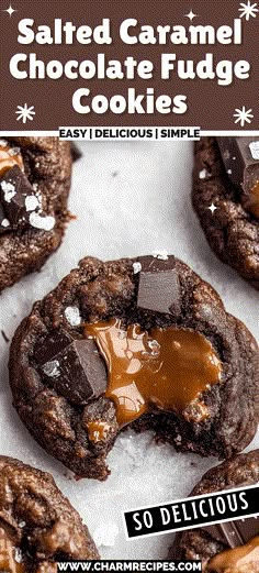 salted caramel chocolate fudge cookies on a white surface