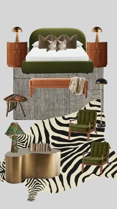 a bedroom with zebra print rugs and green furniture in the background, including a bed