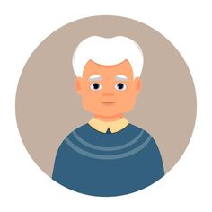 an old man with white hair and blue sweater looking at the camera in a circle