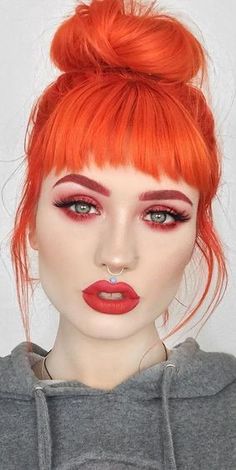 Makeup For Orange Hair, Orange Hair Halloween Costumes, Orange Money Piece Hair, Orange Hair Bright, Fun Haircolor, Orange Hair Color Ideas, Copper Bob, Orange Bob, Orange Hair Color