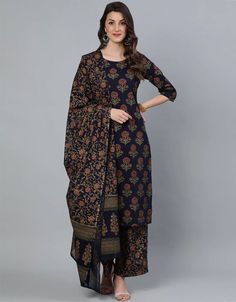 Navy Blue Pure Cotton Palazzo Suit Navy Blue Party, Design Kurta, Pure Cotton Suits, Salwar Dress, Dress Salwar Kameez, Kurta Design, Patiala Salwar, Cotton Dupatta, Cotton Kurta