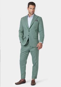 Be the center of attention in this fashionable Hudson Jade Green Linen Suit. Made with 100% linen, it's perfect for those warm, breezy summer days while making a bold statement. Unique and stylish, this custom suit is sure to turn heads! Green Linen Suit, Custom Made Suits, Center Of Attention, Custom Suit, Linen Suit, Jade Green, Effortless Style, Jade, Suit Jacket