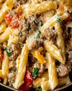 pasta with meat and vegetables in a skillet