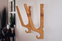 a pair of wooden hooks hang on the wall next to a potted plant in a living room