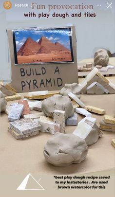 an advertisement for the play dough and tiles project with pictures of pyramids in background