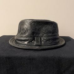 Leather Fedora 100% Real Leather Black Satin Lining Size 62 / 63 Black Fitted Leather Hat, Designer Black Hats For Spring, Fitted Black Leather Hat, Designer Black Spring Hats, Black Leather Hat For Fall, Elegant Black Leather Hat, Black Leather Vintage Hat, Black Satin, Real Leather