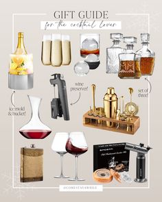 the gift guide for the crafty lover includes wine glasses, liquor bottles and more