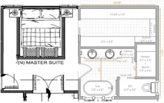 the floor plan for a small bathroom with an attached shower and toilet, along with other rooms