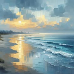 an oil painting of the sun setting over the ocean