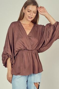 Truffle Three-Quarter Sleeve Peplum Top Hem Finishes, Dolman Sleeve Top, Chic Blouses, Dolman Sleeve Tops, Surplice Neckline, Peplum Hem, Pink Boho, Long Puff Sleeves, Work Outfits Women