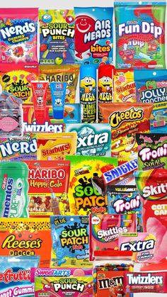 many different types of candy are displayed together