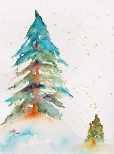 a watercolor painting of a pine tree on a snow covered hill with the sky in the background