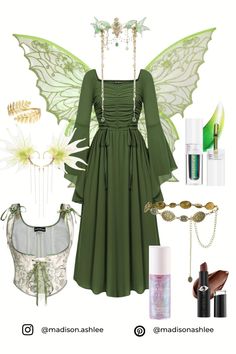 a green fairy dress with wings and accessories