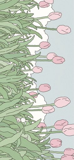 an image of flowers in the sky with pink and green leaves on it's stems