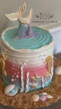 there is a cake that looks like it has a mermaid tail on top of it