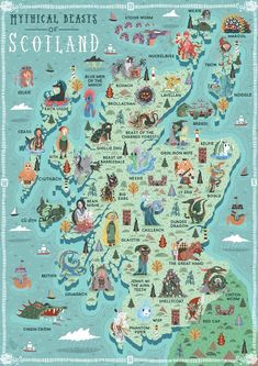 an illustrated map of scotland with all the towns and major attractions on it's sides