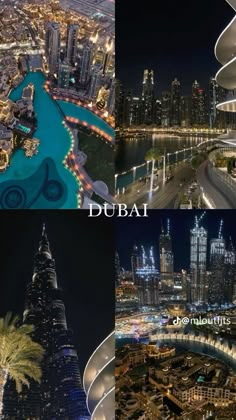 four different pictures of the city at night, including skyscrapers and buildings in dubai