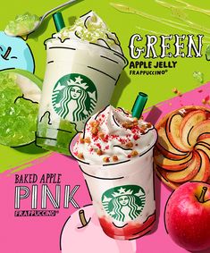 an advertisement for the starbucks green apple jelly flavored drink, with apples and ice cream