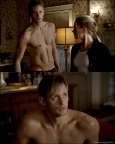 the shirtless man and woman are looking at each other in this scene from the tv series