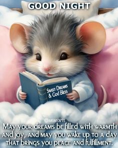 a little mouse reading a book on top of a pink blanket with the caption good night