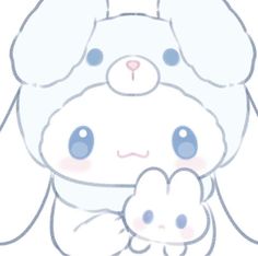 a drawing of a white bunny holding a baby rabbit's hand in front of its face