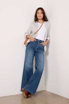 Relaxed yet polished, the Lana Jean by Pistola features a wide leg silhouette with a flattering high-rise fit and full-length inseam. They're crafted in soft cotton denim with a hint of stretch for day-to-night wear. | PISTOLA Women's Lana Jean, Size 27, Blue What To Wear With Wide Leg Jeans, Wide Leg Outfit, Style Wide Leg Jeans, Rectangle Body Shape, Wide Leg Jeans Outfit, Wide Legged Jeans, Look Jean, Leg Pants Outfit, Denim Skirt Outfits