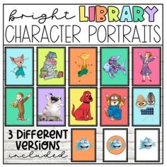 three different versions of cartoon characters with the words bright library character portraits in front of them