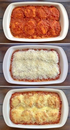 four different types of lasagna casserole in white dishes on a wooden table