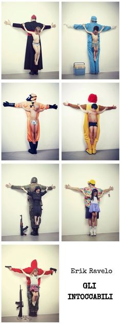 six photos of people dressed in costumes with arms spread out and hands extended, standing on top of each other