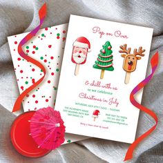 an image of christmas party card with santa and reindeer on the cards next to it