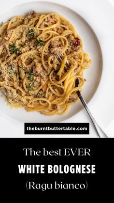 the best ever white bolognzoe ragu bianco is served on a plate with a fork