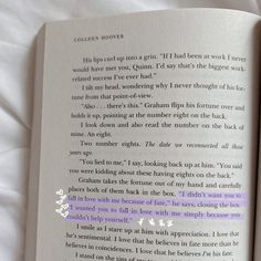 an open book with some writing on it's page and the pages are purple