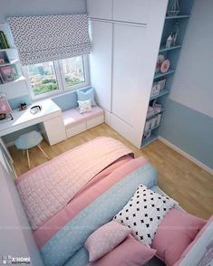 a bedroom with a bed, desk and bookcases in pink and blue colors