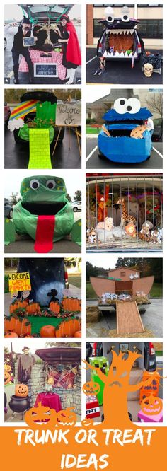 various halloween decorations are shown with the words trunk or treat ideas written on them in orange and green