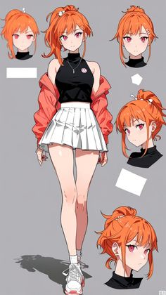 an anime character with red hair and short skirt, in various poses for the camera