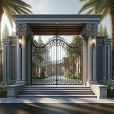 an entrance to a mansion with palm trees