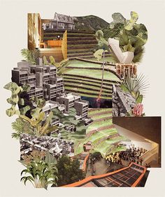 collage of buildings, trees and plants with people walking around the building in the background