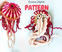 two crocheted jellyfish made from yarns and other materials, one is pink and the other is white