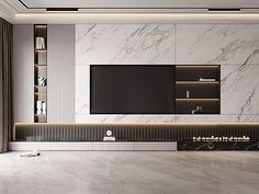 a modern living room with white marble walls and flooring, built in entertainment center