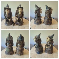 four pictures of wizard figurines sitting on a table