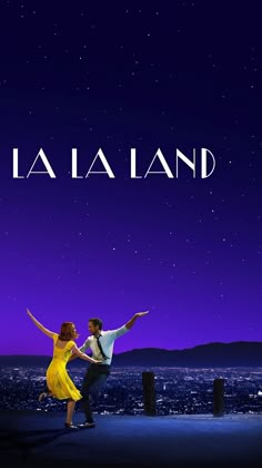 the poster for la la land shows a couple dancing in front of a cityscape