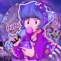 a cartoon character holding a cell phone in front of a purple and blue background with the words bibi on it