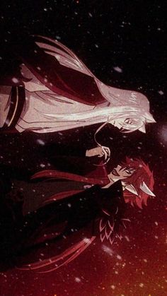 an anime scene with two people in the background and snow falling down on their heads