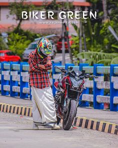 a person standing next to a motorcycle on the street with text overlay that reads biker green