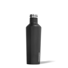 a black stainless steel water bottle with the word contempo on it's side