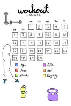 a drawing of a workout calendar with the numbers on it and an image of a kettle